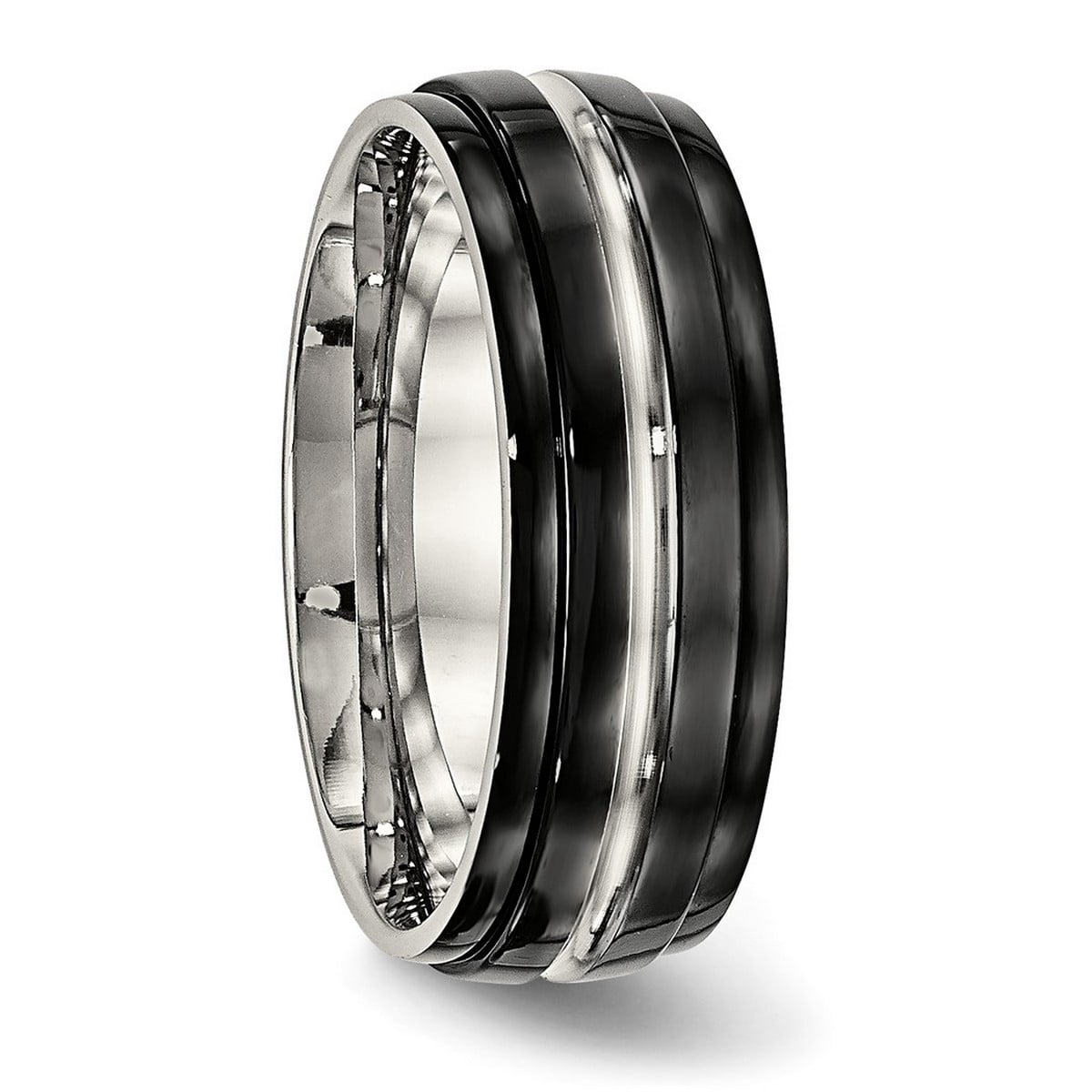 8mm Stainless Steel Polished Black Ip Ridged Edged Ring Size 8.5 Ring for Women