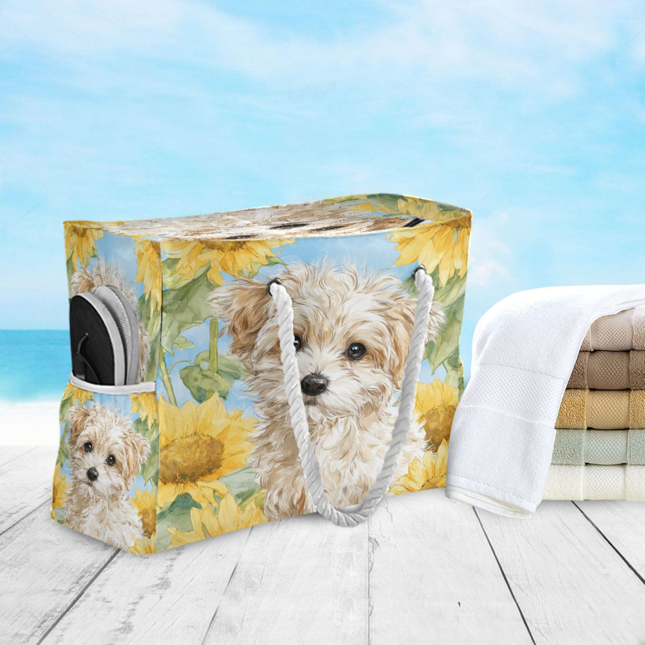 20.5"x15" Large Beach Tote Bag with Rope Handles, Waterproof Nylon, Zipper Closure, Multi-Pockets for Travel, Pool & Daily Use Cute Cream-colored Maltipoo Puppy