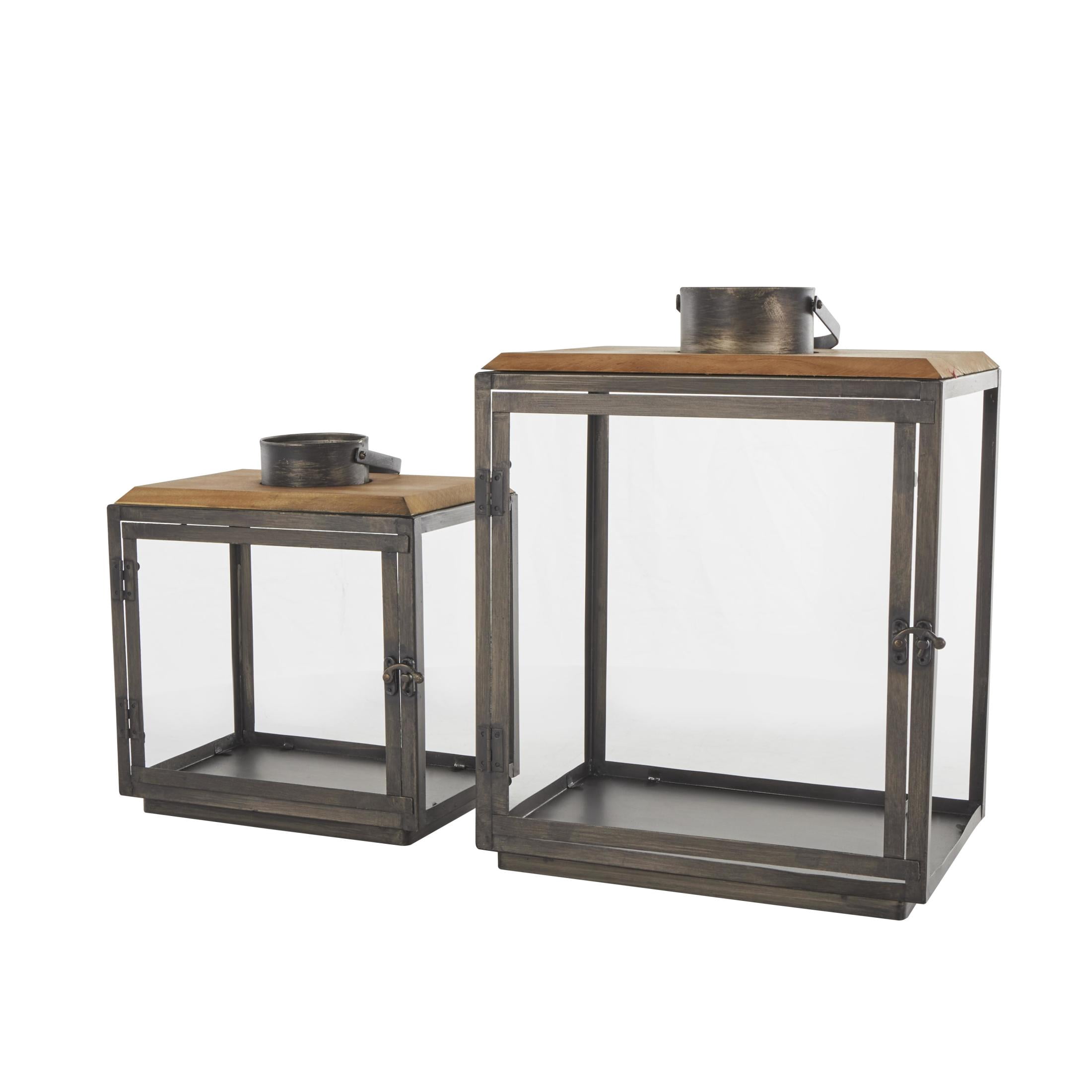 DecMode 2 Holder Dark Gray Metal Brushed Rectangular Candle Lantern with Brown Wood Tops, Set of 2