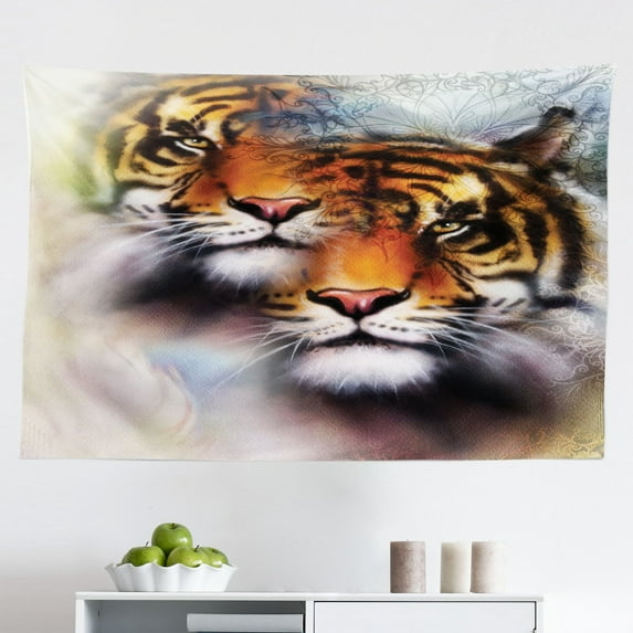 Safari Tapestry, Bengal Tiger in Snowy Jungle Hunting and Cruising for Prey Furry Majestic Mammal, Fabric Wall Hanging Decor for Bedroom Living Room Dorm, 2 Sizes, Orange Green, by Ambesonne