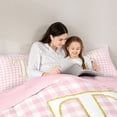 thumbnail image 4 of Castle Fairy Plaid Gold Letter T Twin Comforter Sets 3-Piece for Girls,Minimalist Geometric Grid Bedding Set,Pink Reversible, 4 of 6