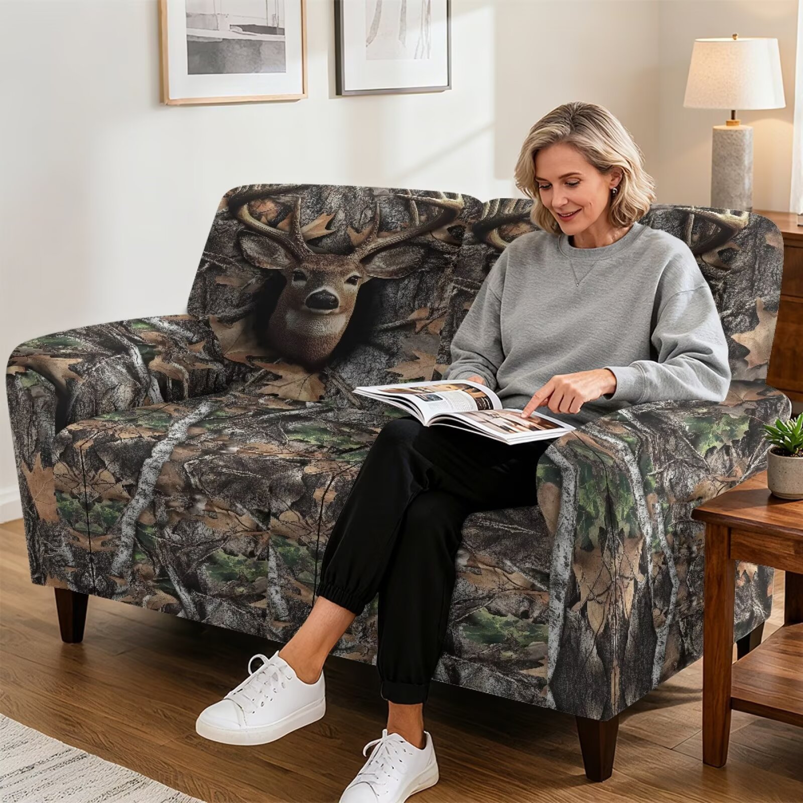 Yuyamidu Black Camo Loveseat Recliner Covers 2 Seater Hunting Branch Recliner Loveseat Slipcover with Elastic Edge Breathable Furniture Protector
