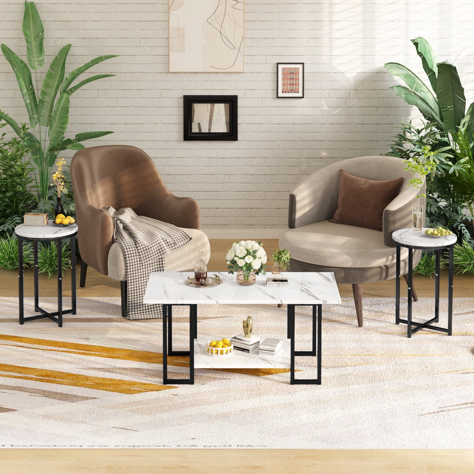 Baxluxe Coffee Table Set of 3, Faux Marble Coffee Table with 2 Round End Side Tables, Modern Living Room Table Set with Metal Frame for Apartment Home Office Small Place, White