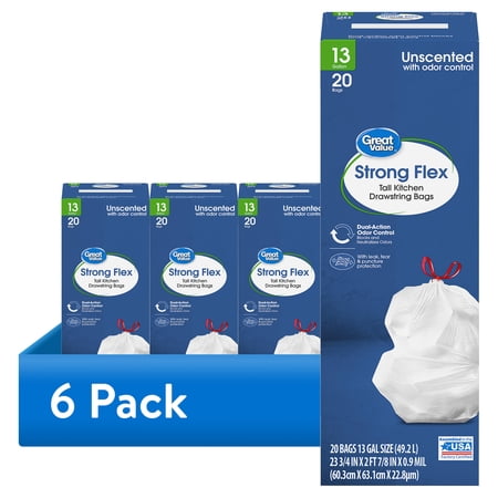 (6 pack) Great Value Strong Flex Tall Kitchen Drawstring Bags Unscented 13 Gallon 20 Count