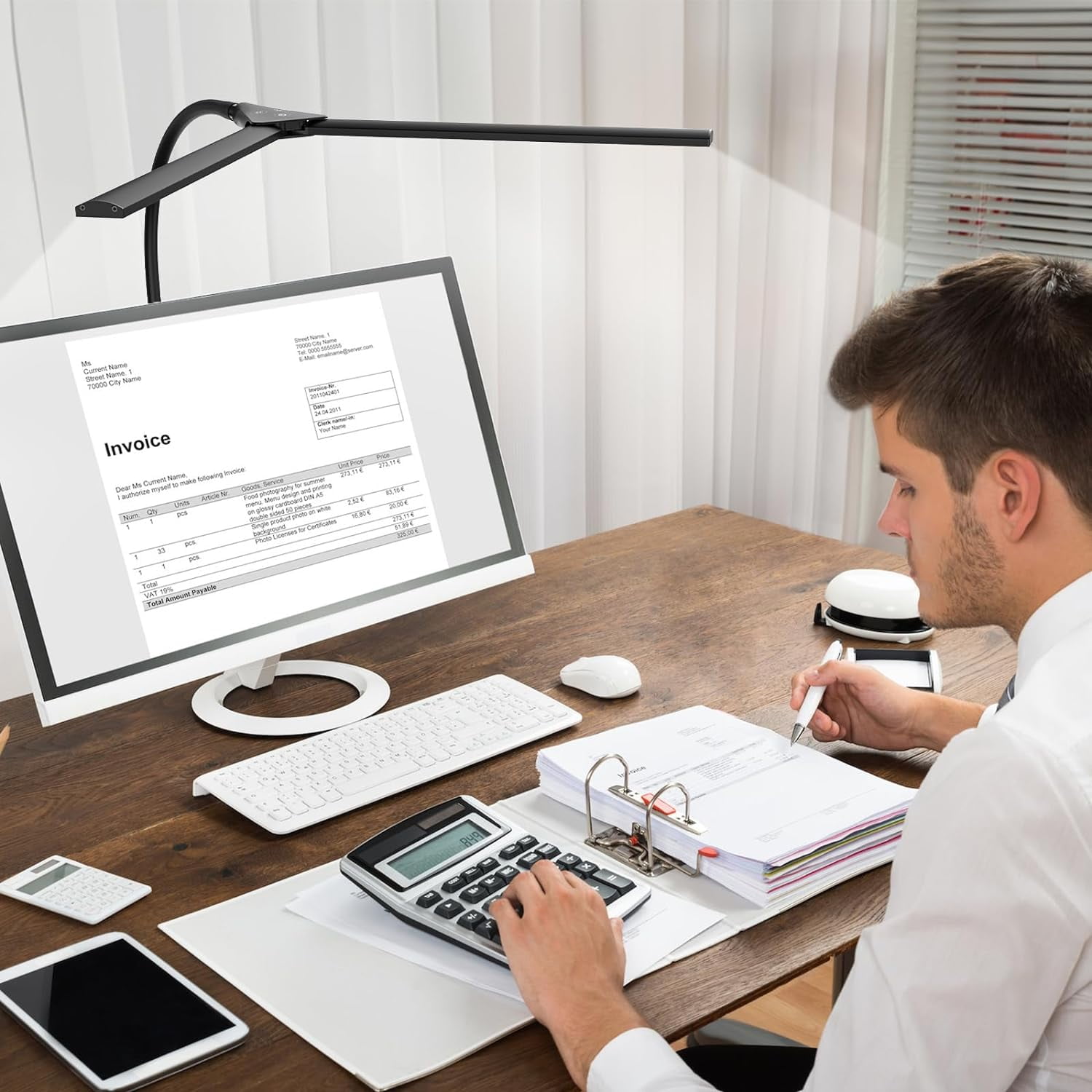 LED Desk Lamps for Home Office, Double Head Monitor Light - Flexible Hose, Adjustable Height, 5-Level Dimmable Eye-Caring Brightness & Color, Architect Lamp for Work, Study