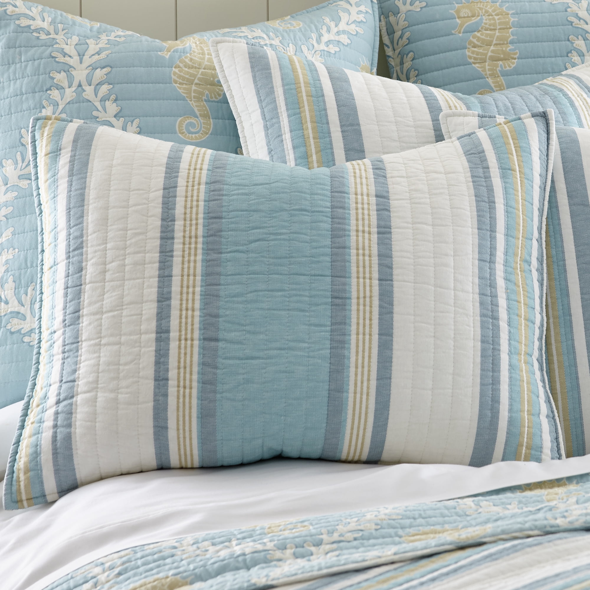 Levtex Home Blue Teal Taupe Cream Cotton Quilt, Queen - Reversible