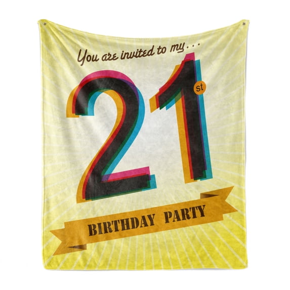 21st Birthday Soft Flannel Fleece Throw Blanket, Invitation to an Birthday Party on a Yellow Radial Backdrop Image, Cozy Plush for Indoor and Outdoor Use, 70" x 90", Multicolor, by Ambesonne
