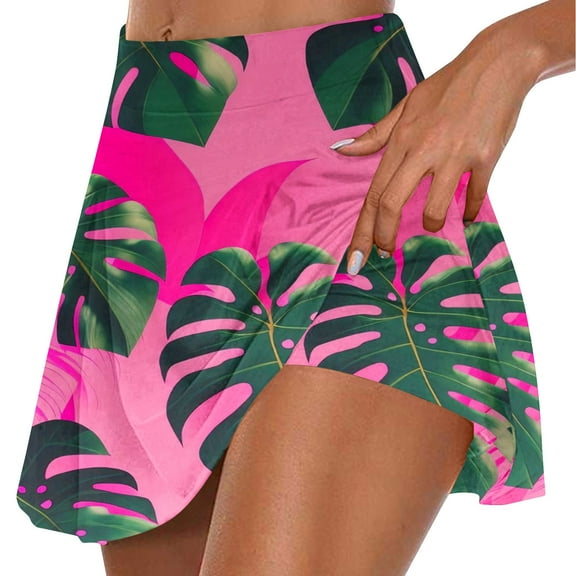 Babysbule Women's Athletic Beach Skort High Waisted Sports Yoga Pleated Tennis Skirt Leaf Printed Sporty Gym Elastic Workout Skirt