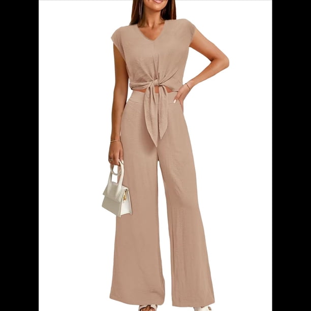 Conjuntos de Dos Piezas de Verano para Mujer 2025, Top Corto con Cinturón, Mangas y Cuello en V, Pantalones Anchos, Chándal Informal. Caqui L