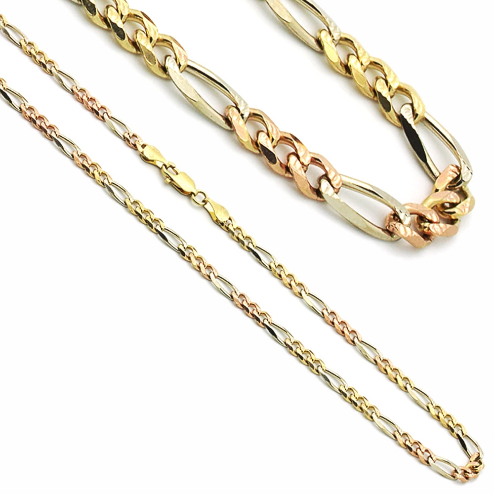 14K Solid Gold tri color Figaro Chain  necklace 24" 3 Tone 14K Gold Figaro chain 