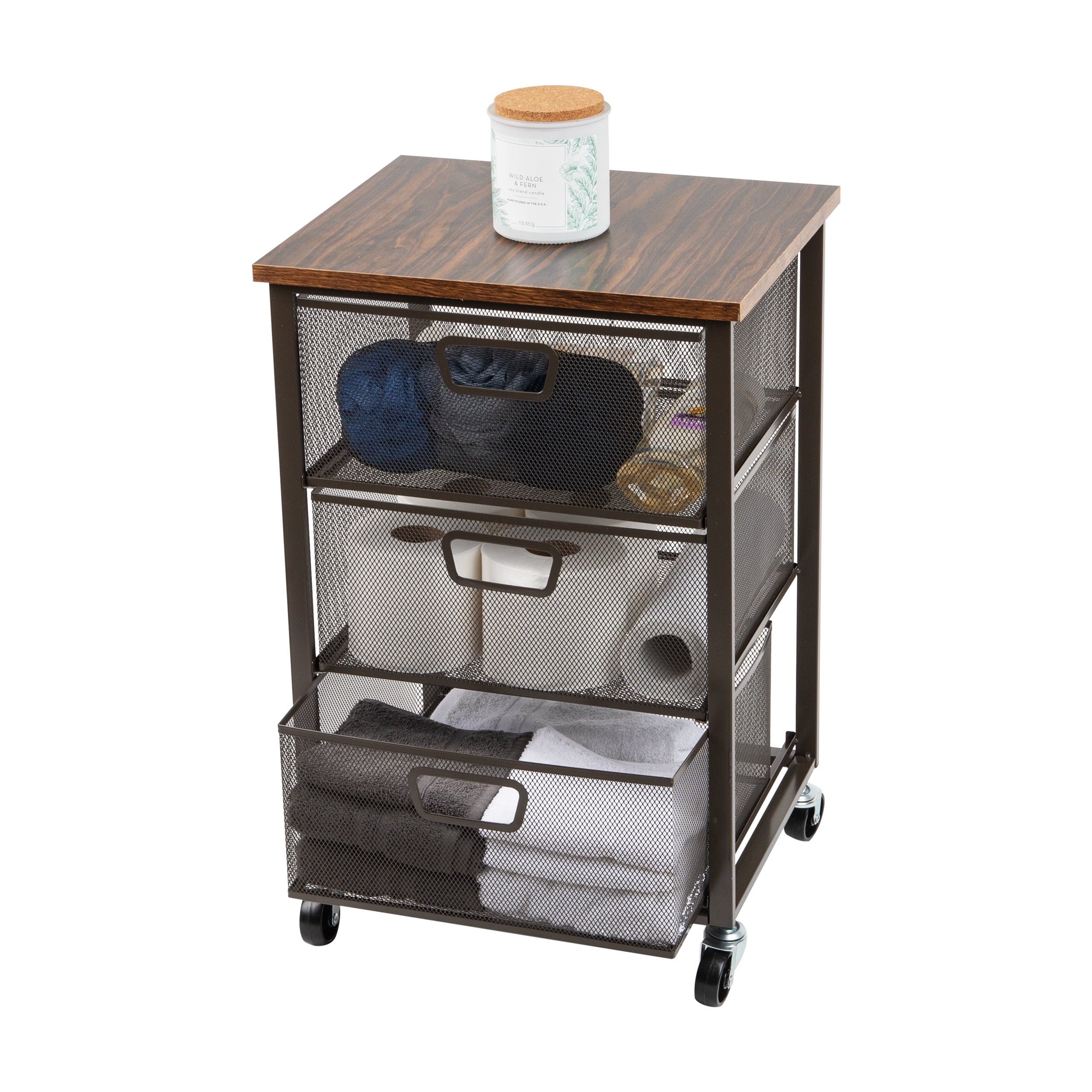 Mind Reader 3-Drawer Rolling Storage Cart, Office Organizer with Wood Top, Multipurpose Portable Cabinet with Wheels, Metal, Black