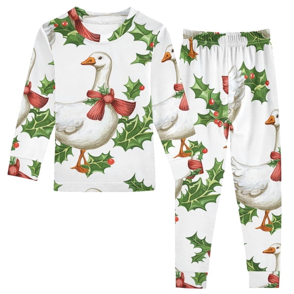 Geese in Christmas Leaves Cotton Pajama Set Long Sleeve Top and Pants Sleepwear Unisex 18M