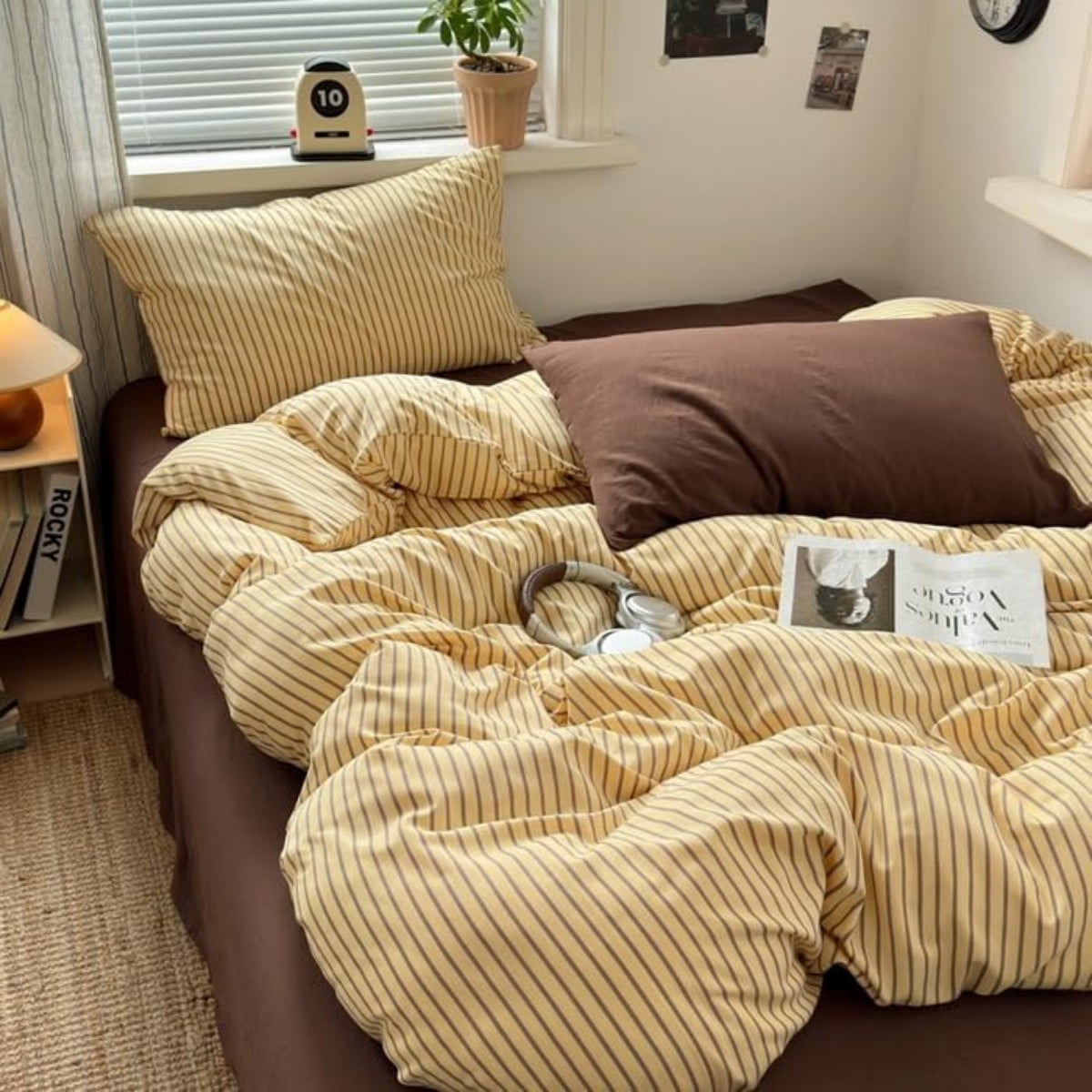 NAYOROOM Brown Stripes Yellow Duvet Cover Queen Set, 3-Piece Retro Vertical Ticking Stripes Soft Comforter Cover