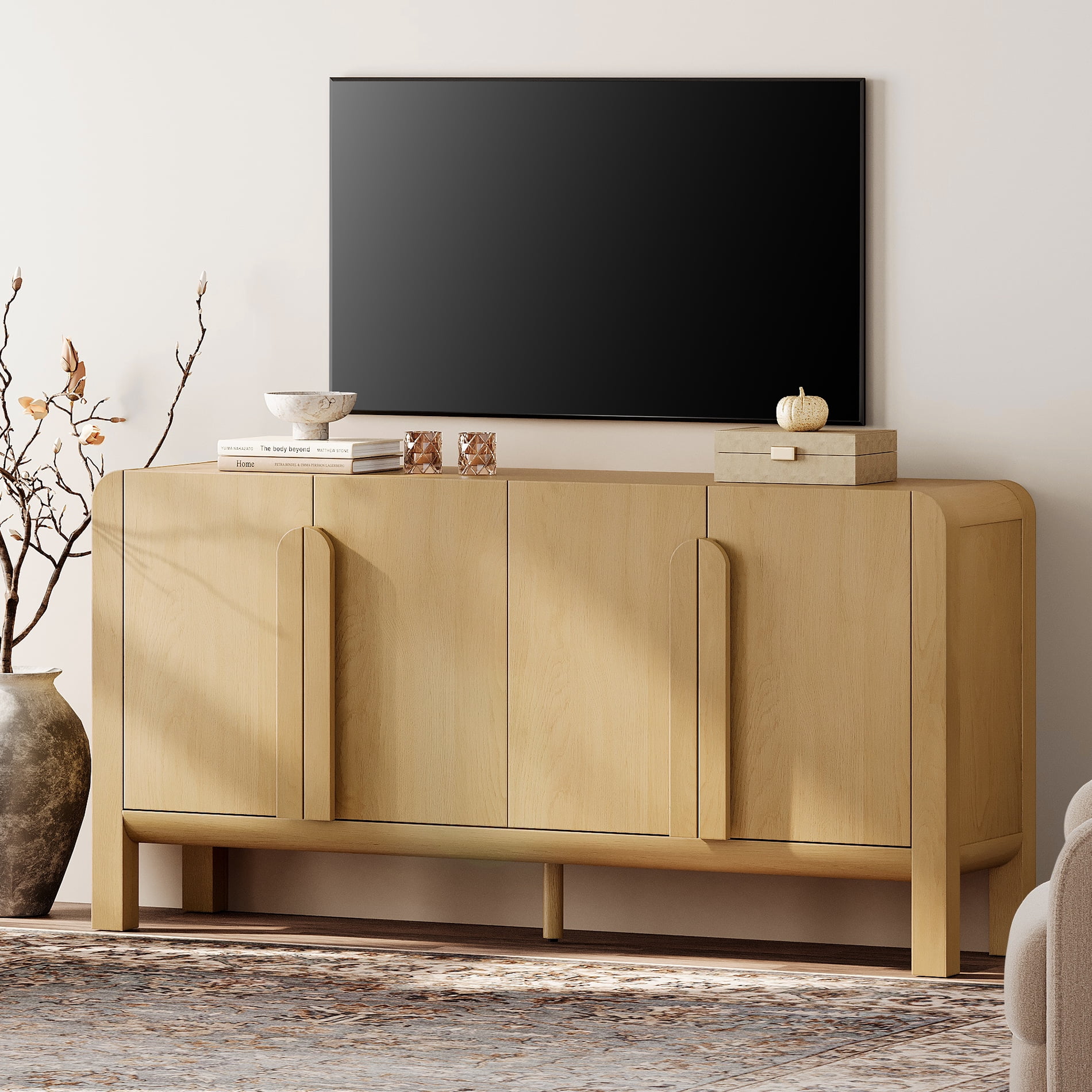63" Accent Cabinet with 4 Doors and Adjustable Shelves, Modern Credenza Storage Cabinet with Curved Profile Design for Living Room, Kitchen, Dining Room, Hallway
