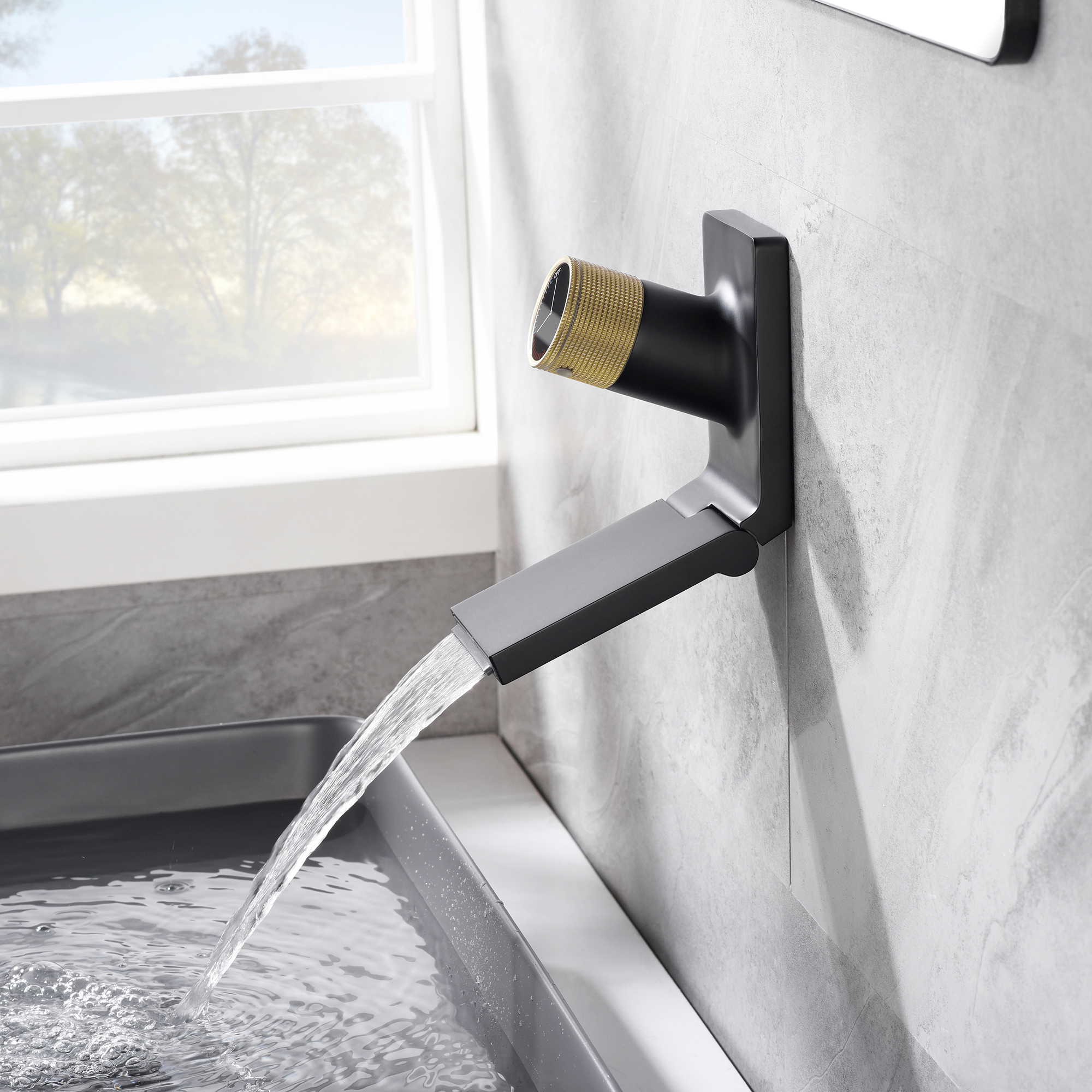SUMERAIN Wall Mount Waterfall Bathroom Sink Faucet, Single Handle One Hole Vanity Faucet with Foldable Spout, Black and Gold