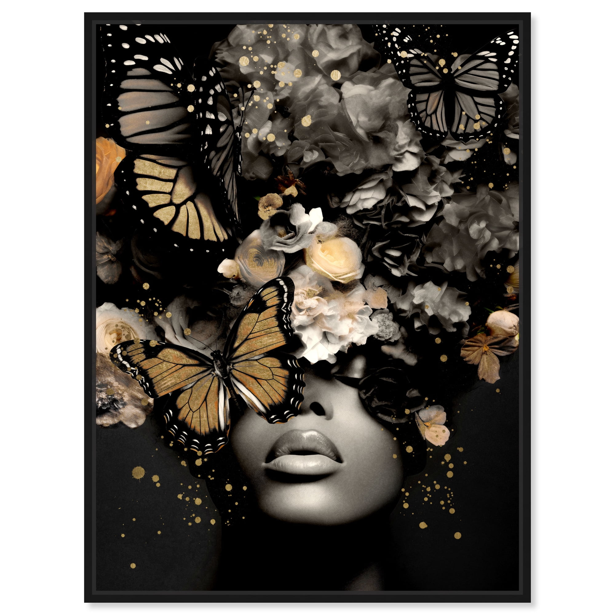 Butterfly Golden Goddess Gold Fashion Glam Canvas Wall Art by Art Remedy, Black Floater Frame, 16"x20"