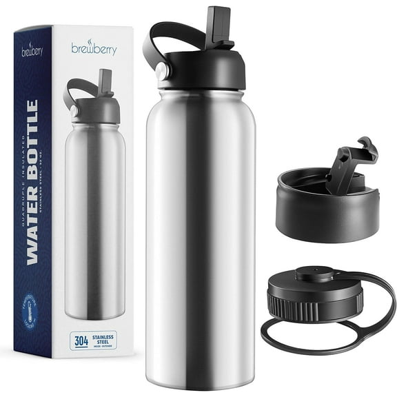 Brewberry Stainless Steel Sports Bottle and Travel Mug for Hot and Cold Beverages, Wide Mouth, Double Wall Insulated Hydration Sports Water Bottle for Hiking, Biking, and Activities,32 oz BPA Free