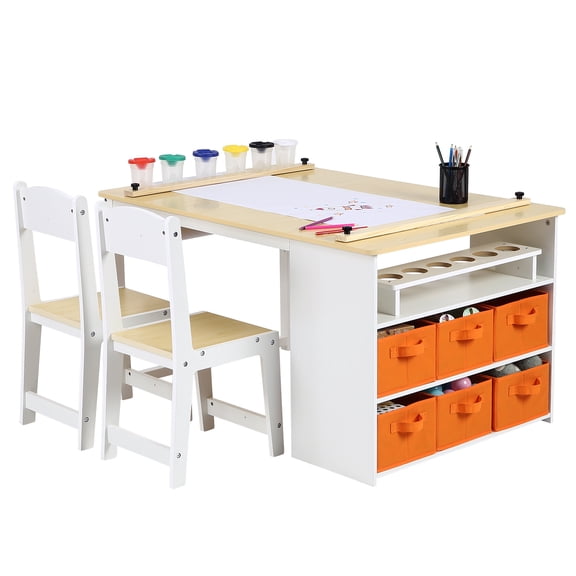 Kicctian Kids Art Table and Chair Set with Storage Drawers, Toddler Craft Table, Wooden Drawing Desk for Children, Activity Desk, Home Study Table and Toy Station