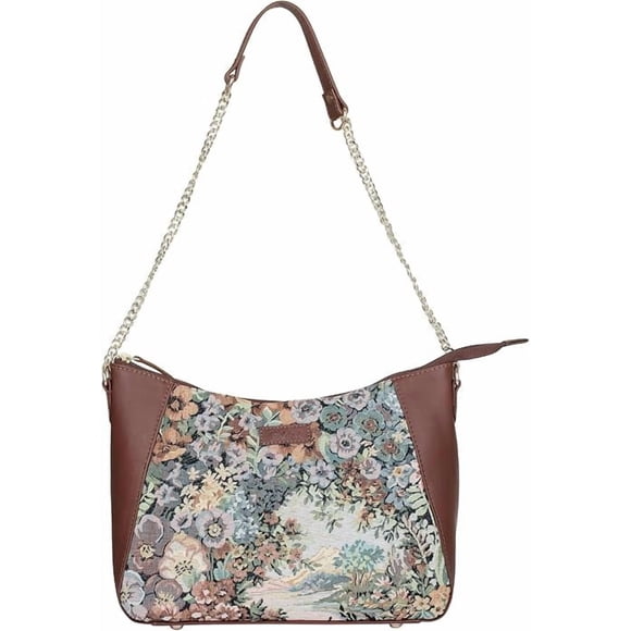 Sishka Sac Hobo en Tapisserie Design Botanique pour Femmes / Sac à Bandoulière et Sacoche avec Garniture en Cuir, Sangle à Chaîne pour Voyage et Usage Décontracté