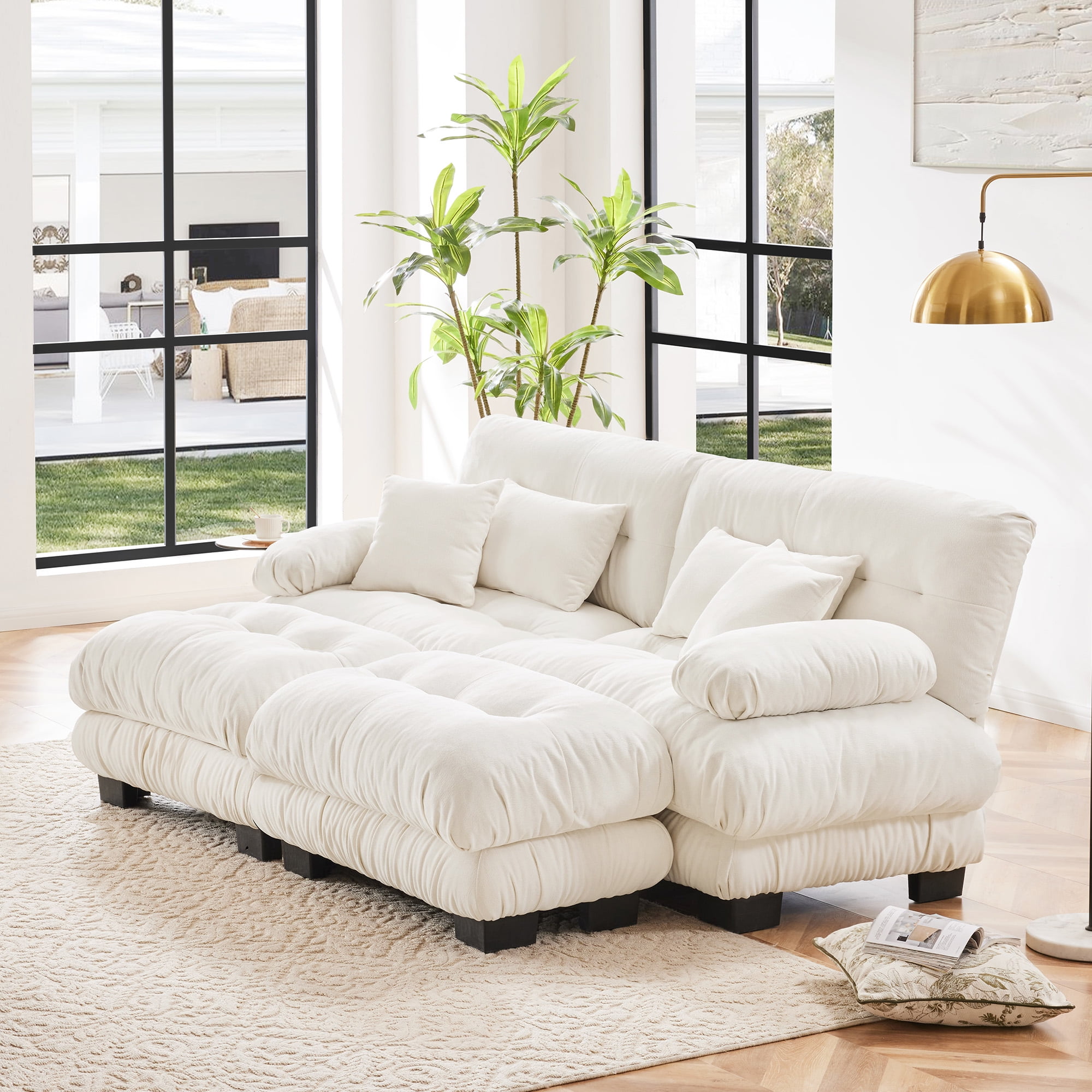 MAYEERTY 99.4in Cloud Sectional Sofa for Living Room, Chenille Sleeper Sofa Couch with 2 Lumbar Pillows, 2 Throw Pillows and 2 Ottomans, White
