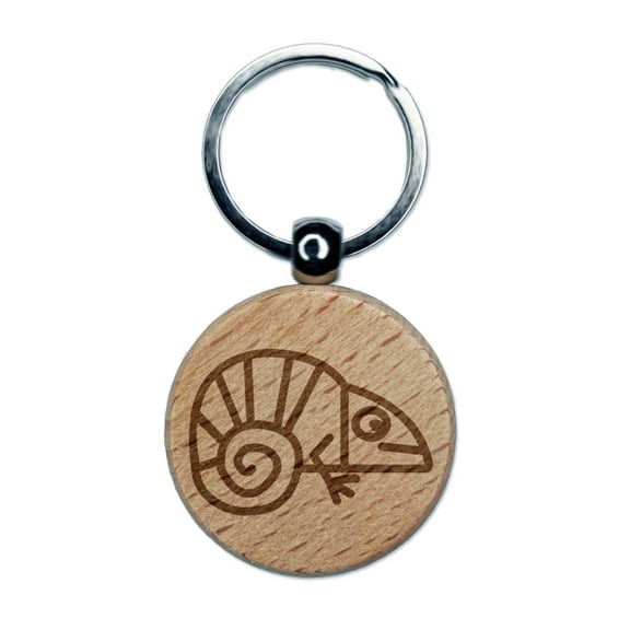 Chameleon Lizard Doodle Round Keychain Charm Tag - Engraved Wood