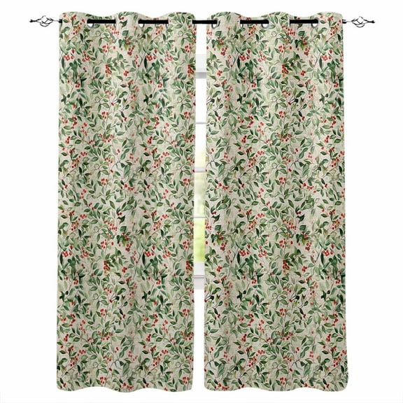 Christmas Blackout Curtains | Light Blocking Print Window Curtains, Xmas Botanical Berry Red Green Watercolor Rustic Thermal Insulated Window Drapes for Living Room Kitchen (2 Panels, 84"W x 84"L)