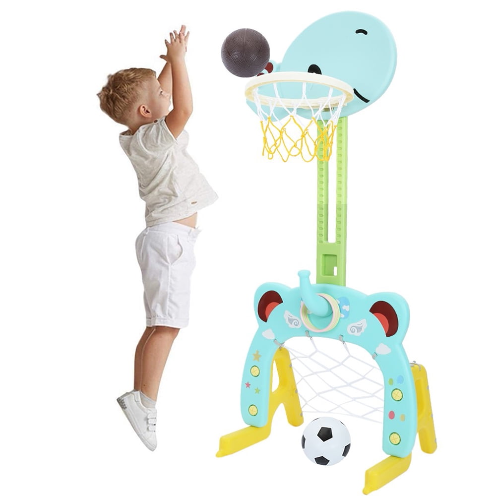 Indoor & Outdoor Adjustable Basketball Stand Set with Ring Toss /Field Hockey / Soccer Goal Best Gift for Kids Toddler Basketball Hoop Set， Kids 5-in-1 Sports Activity Center Rocket Blue 