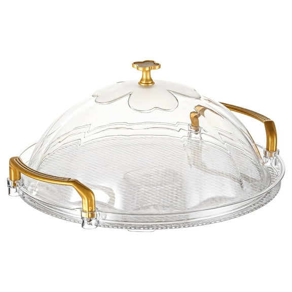 12 Inch Clear Round Serving Tray with Lid & Gold Handles, Preservation and Dustproof PET Tray, Large Shatterproof Cake & Dessert Platter for Party, Catering, and Entertaining