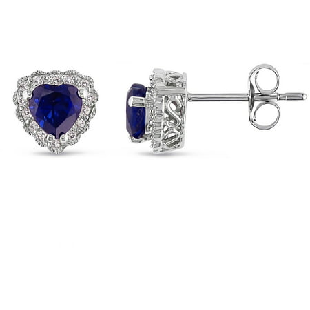 1 Carat T.G.W. Sapphire and Diamond Accent Heart Shape 10kt White Gold Stud Earrings