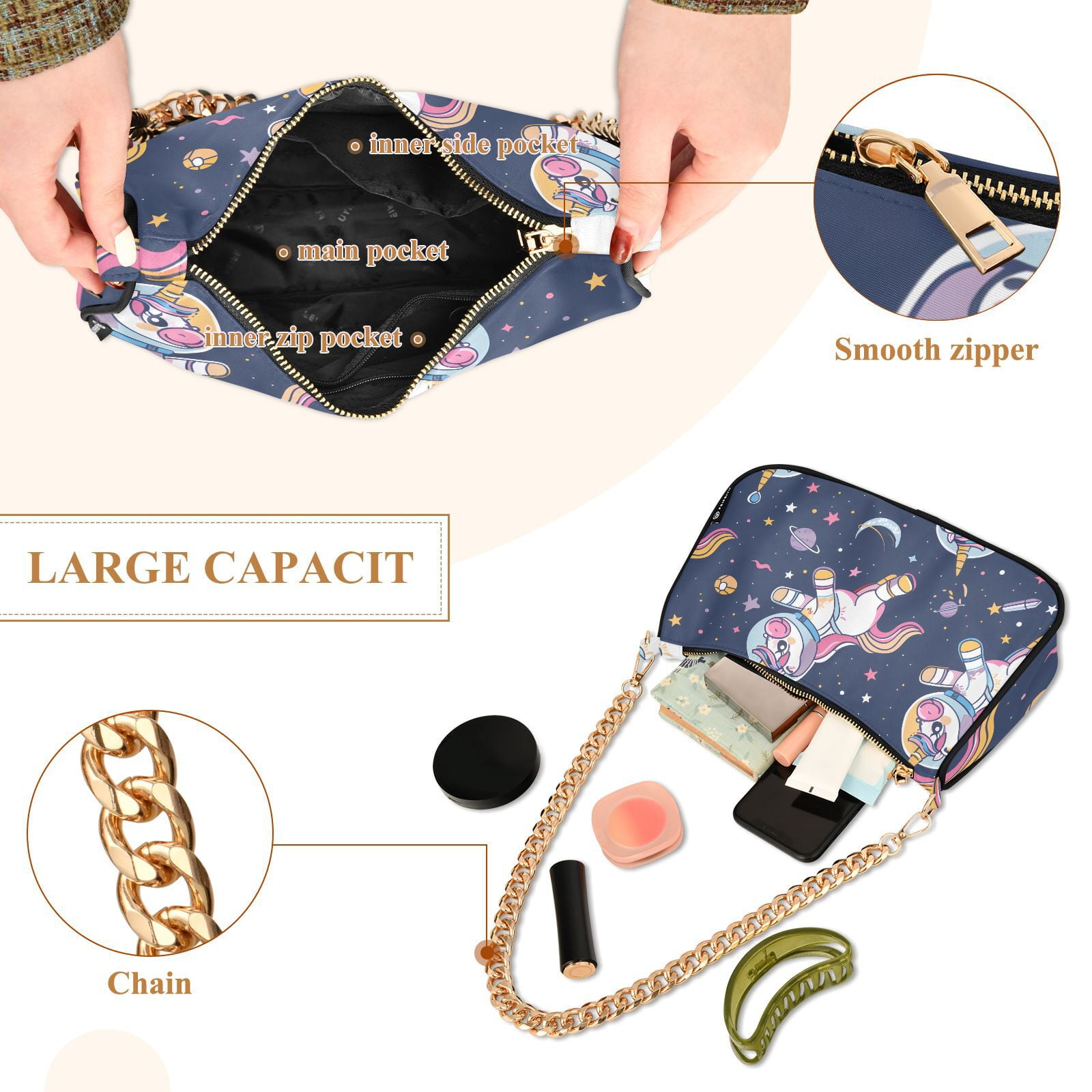 Unicorns Astronaut PlanetsWomen Small Shoulder Bag Crossbody Tote Hobo Bags Purse Clutch Handbags with Chain Strap for Women