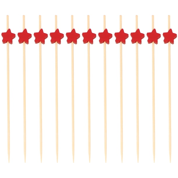 EeaseMX 100 palillos desechables de bambú con diseño de estrella para frutas, cócteles, bebidas, fiestas, tenedores de bambú (rojos)