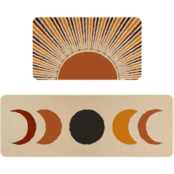 Sun&Moon Boho Kitchen Rugs Set of 2,Farmhouse Style Kitchen Mats for Floor,Washable Kitchen Sink Mats Home Decor Doormat Runner Rug