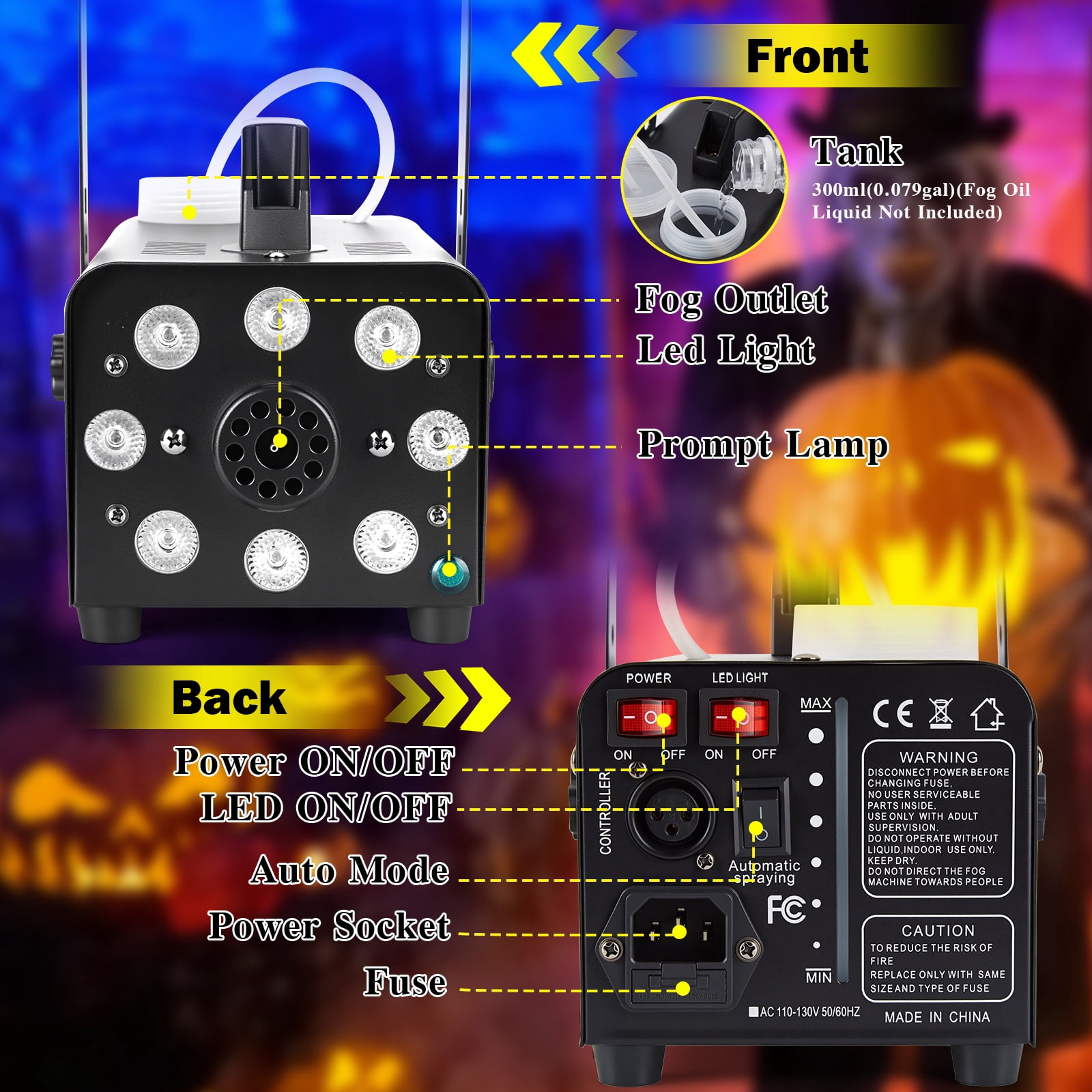 Fog Machine with 13 Colorful LED Lights and RGB Light Effect, 500 W and 2000CFM Fog with 2 Wired and Wireless Remote Controls, Perfect for Christmas Party Wedding, Halloween,  and Stage Effect