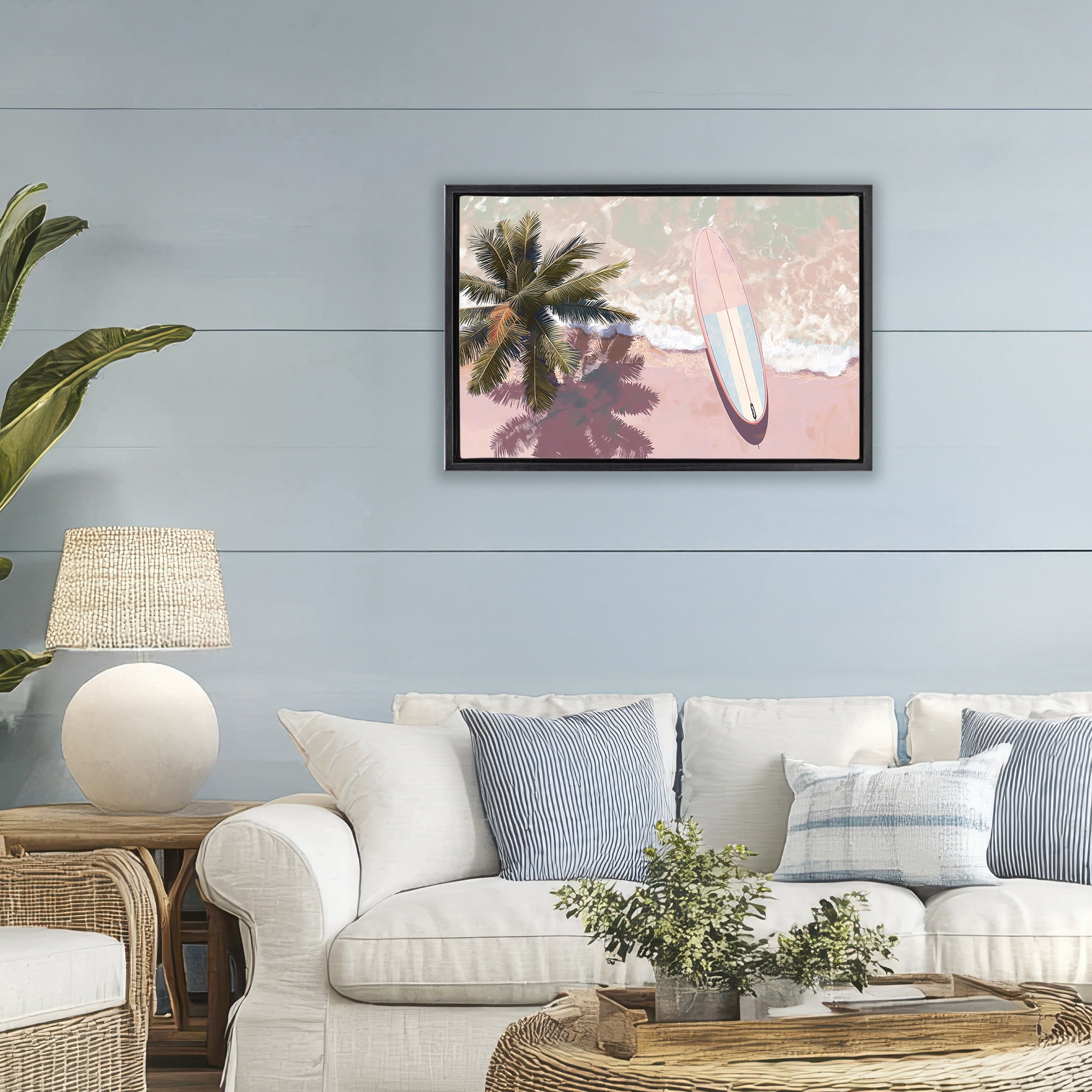 Stupell Industries Blush Pink Surfboard & Palm Black Framed Floater Canvas Wall Art, design by Jacky Ngan