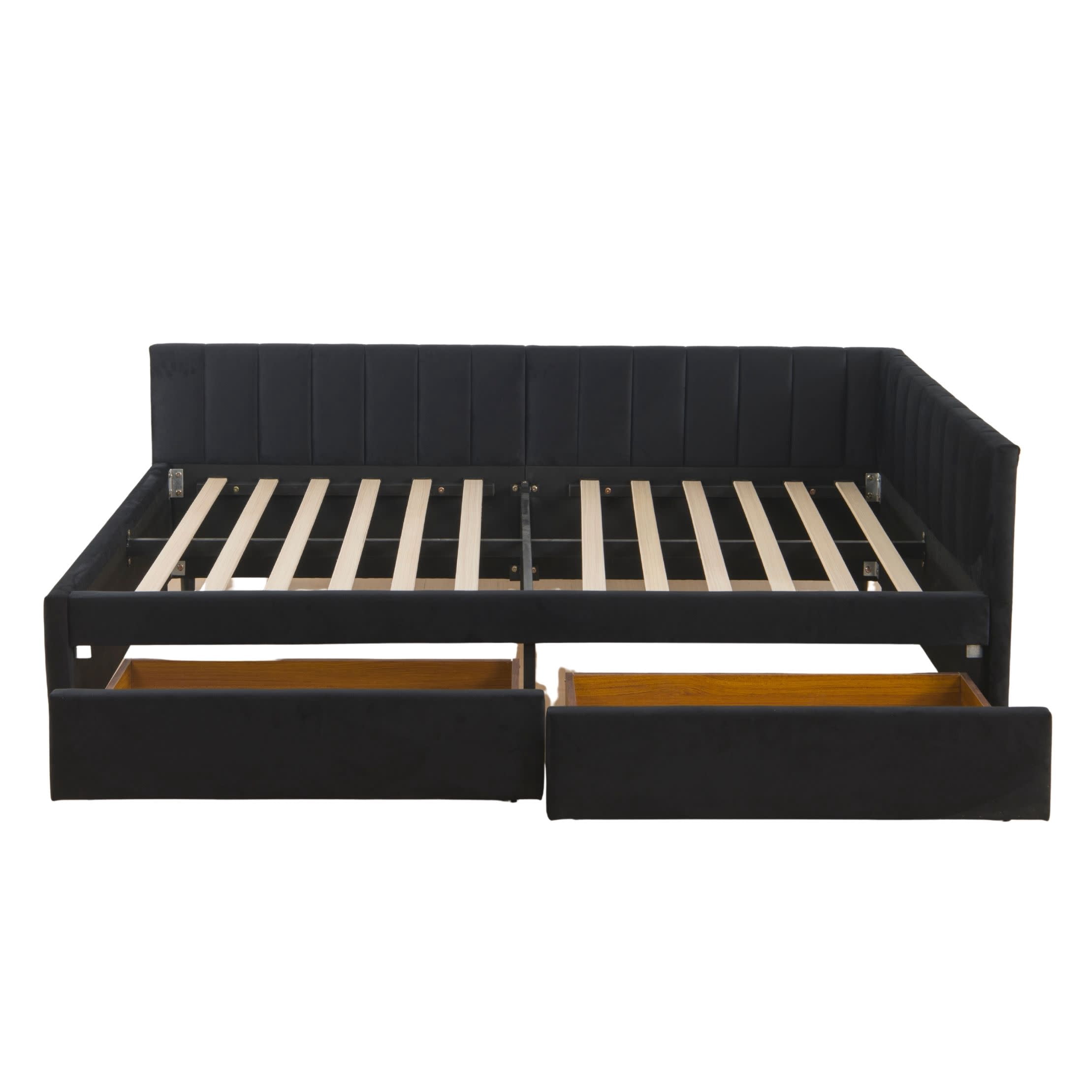 Noble House Beth 79" Full Upholstered Corner Daybed, L-Shaped Velvet Bed Frame with Storage Drawers, Guest Room, Black