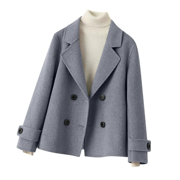 Hfnxid Womens Cropped Trench Coat Fall Winter Wool Blend Pea Coat Double Breasted Blazer Jackets Fashion Coat