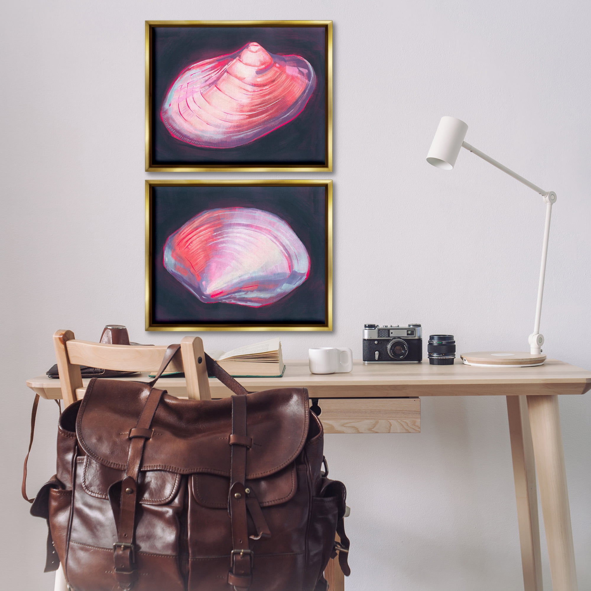 Stupell Industries Pink Clam Shells Nautical & Beach Painting Gold Floater Framed Canvas Art Print Wall Art, 21 x 17, Set of 2