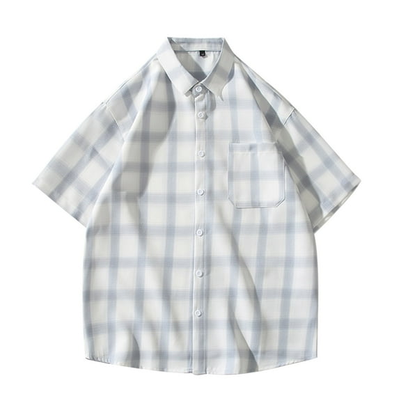 ZCFZJW Men's Regular Fit Plaid Pocket Front Short Sleeve Button Down Shirts Big and Tall Casual Buffalo Plaid Print Beach Aloha Shirts with Pocket Light Blue XL