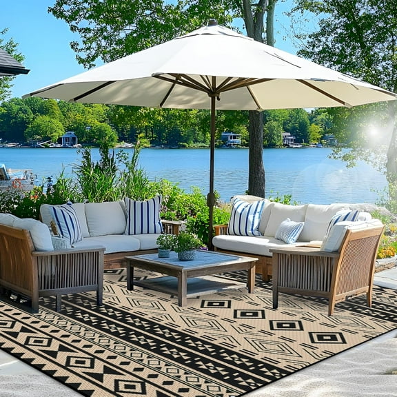 Outdoor Rugs 8x10 ft Patio Waterproof Outdoor Plastic Straw Rug Reversible Carpet Mat for Camping, Beach, Picnic, Porch, Boho Black & Beige