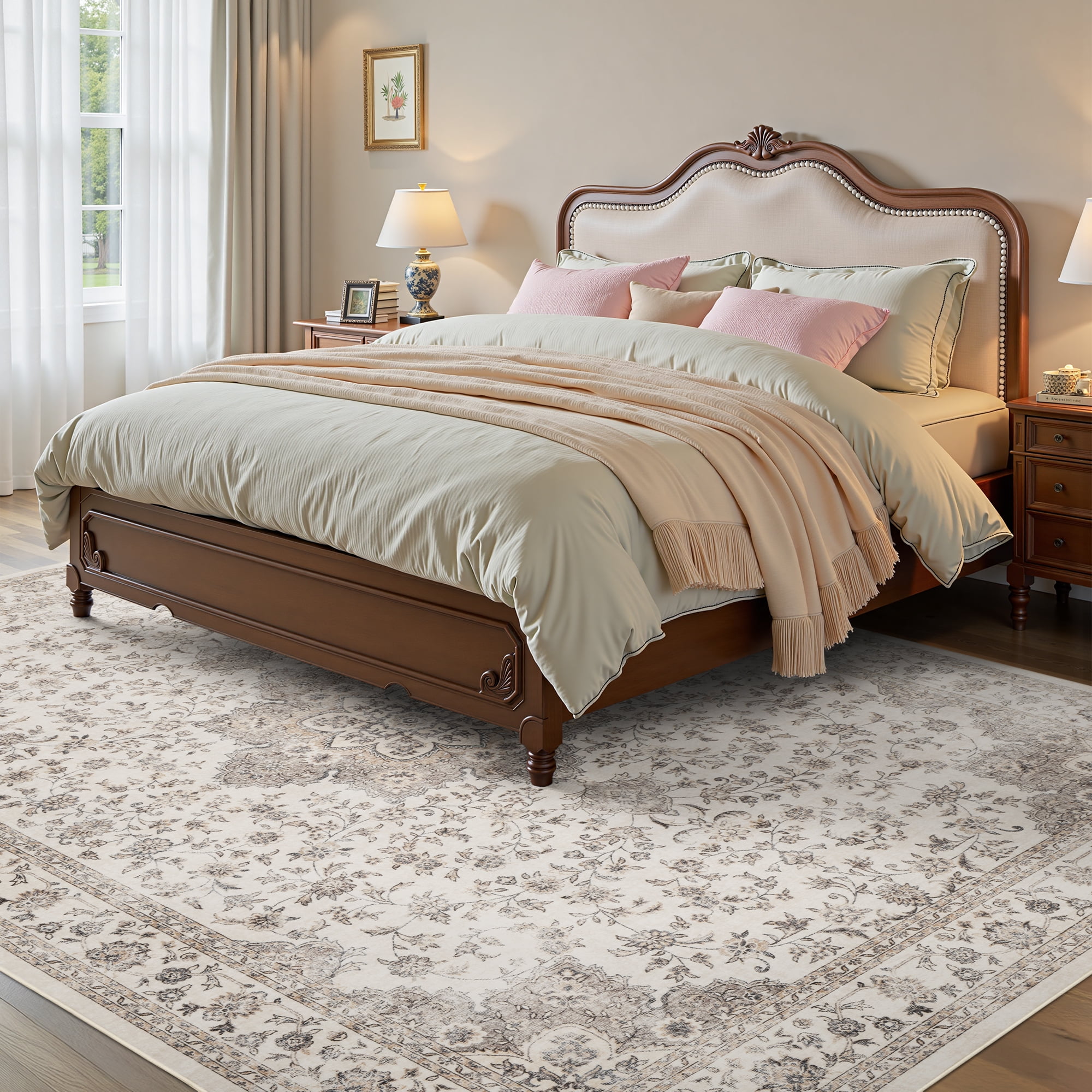 SIXHOME 9x12 Feet Washable Non-Slip Area Rug - Traditional Distressed Vintage Brown Rug with Retro Floral Design, Ultra-Soft Indoor Large Carpet for Living Room, Bedroom, Dining Room