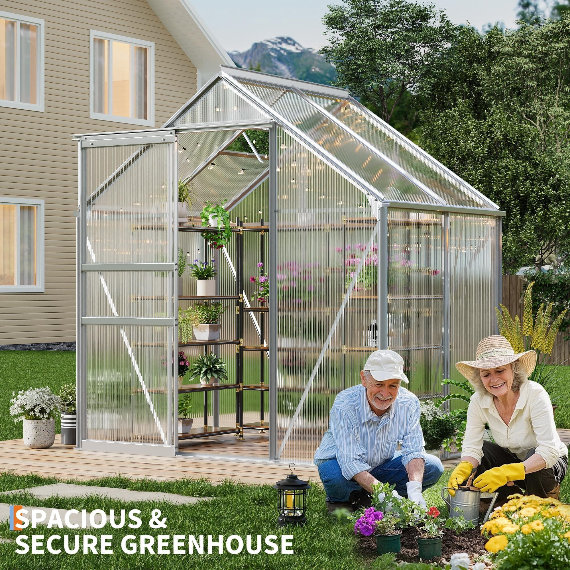 6x4 FT Greenhouse Kit for Outdoors – Durable Aluminum Frame, Sliding Lockable Door, Adjustable Roof Vent, Gutter System, Easy Assembly–Original Color