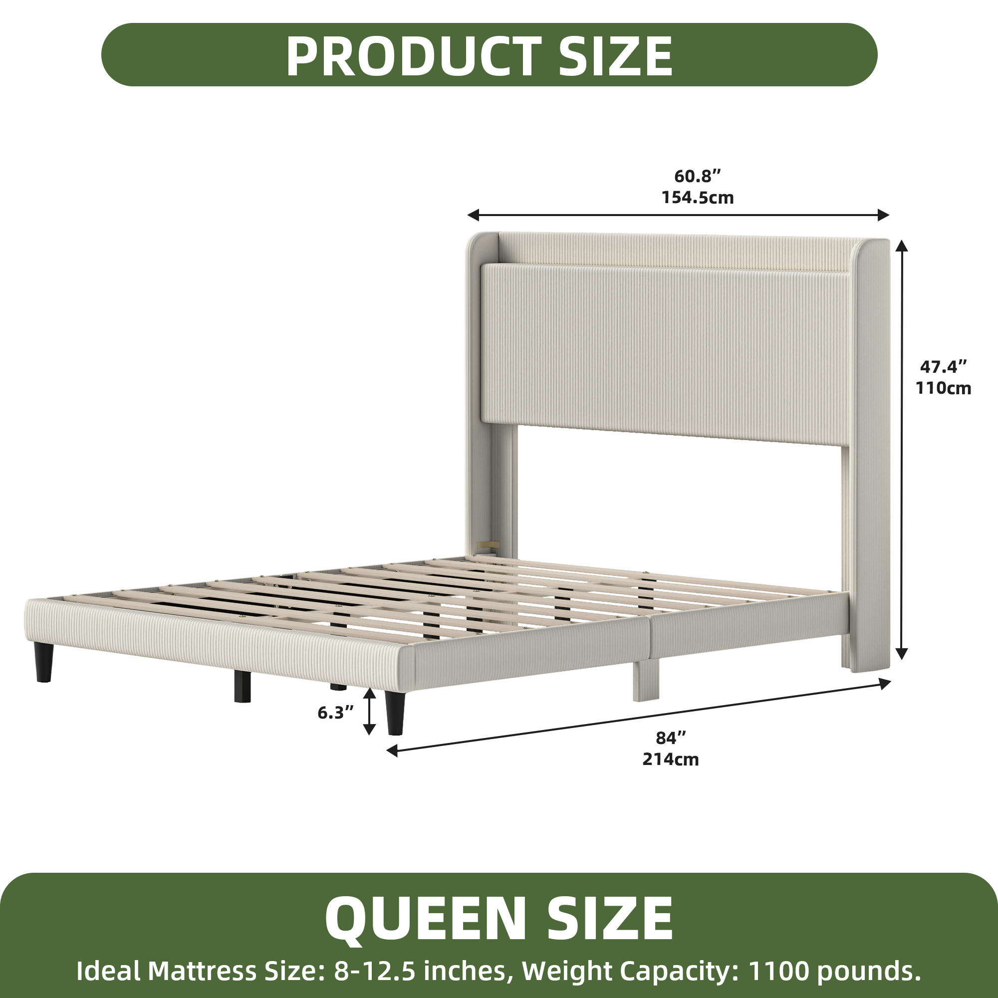 Uforic Corduroy Queen Bed Frame with Adjustable Headboard, Sturdy Slats, No Box Spring Needed, Beige