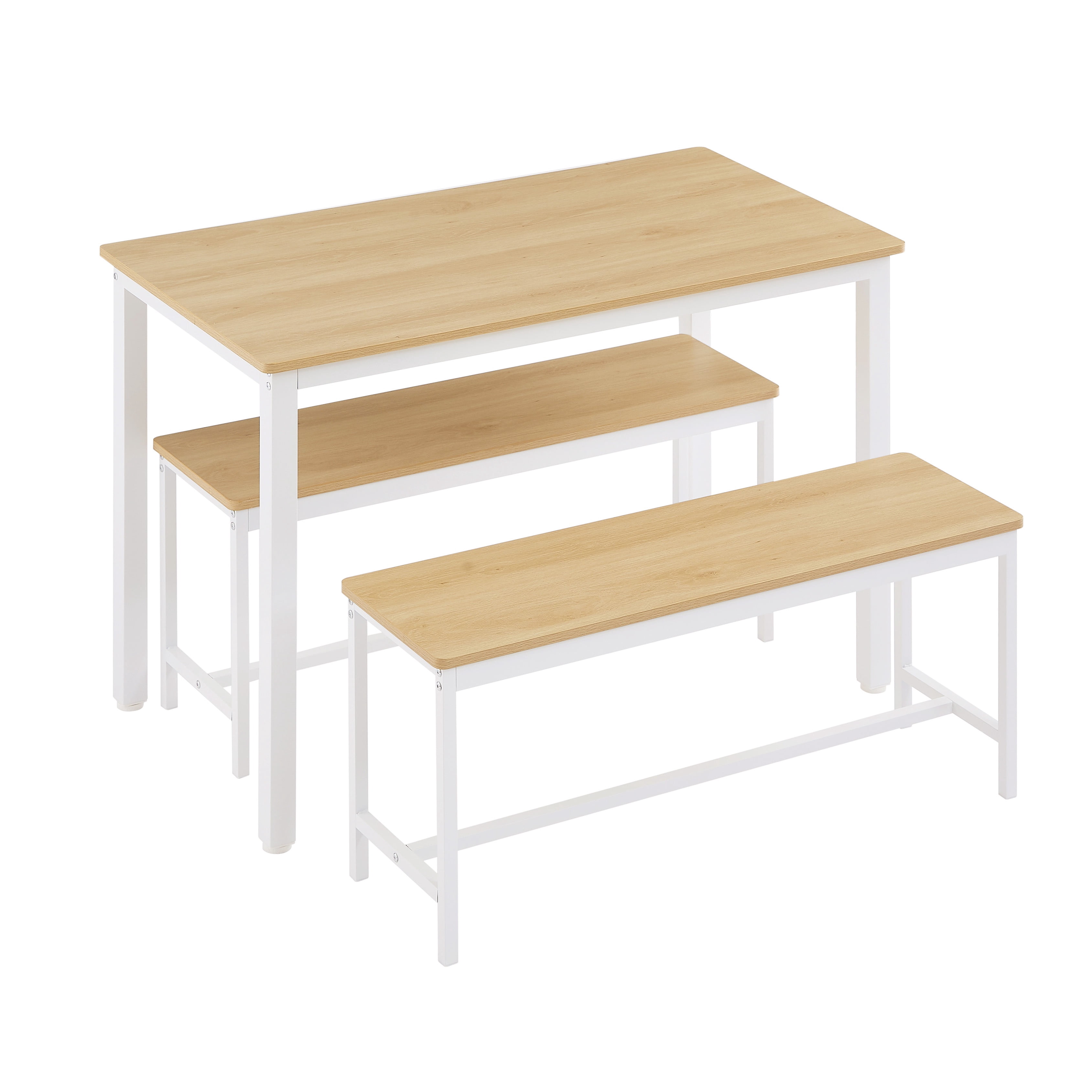 PORKISS Dining Table Set with 2 Benches, 3 Piece Wood Dining Room Table Set with Metal Frame, Industrial Style Dinette Set for Kitchen Breakfast Nook, Heavy Duty Dinner Table Set for 4, White&Natural
