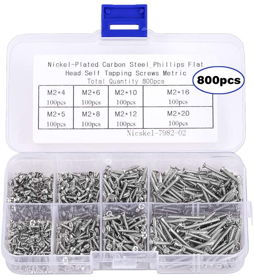 800 Pieces M2 Self Tapping Screw Kit 4mm 5mm 6mm 8mm 10mm 12mm 16mm 