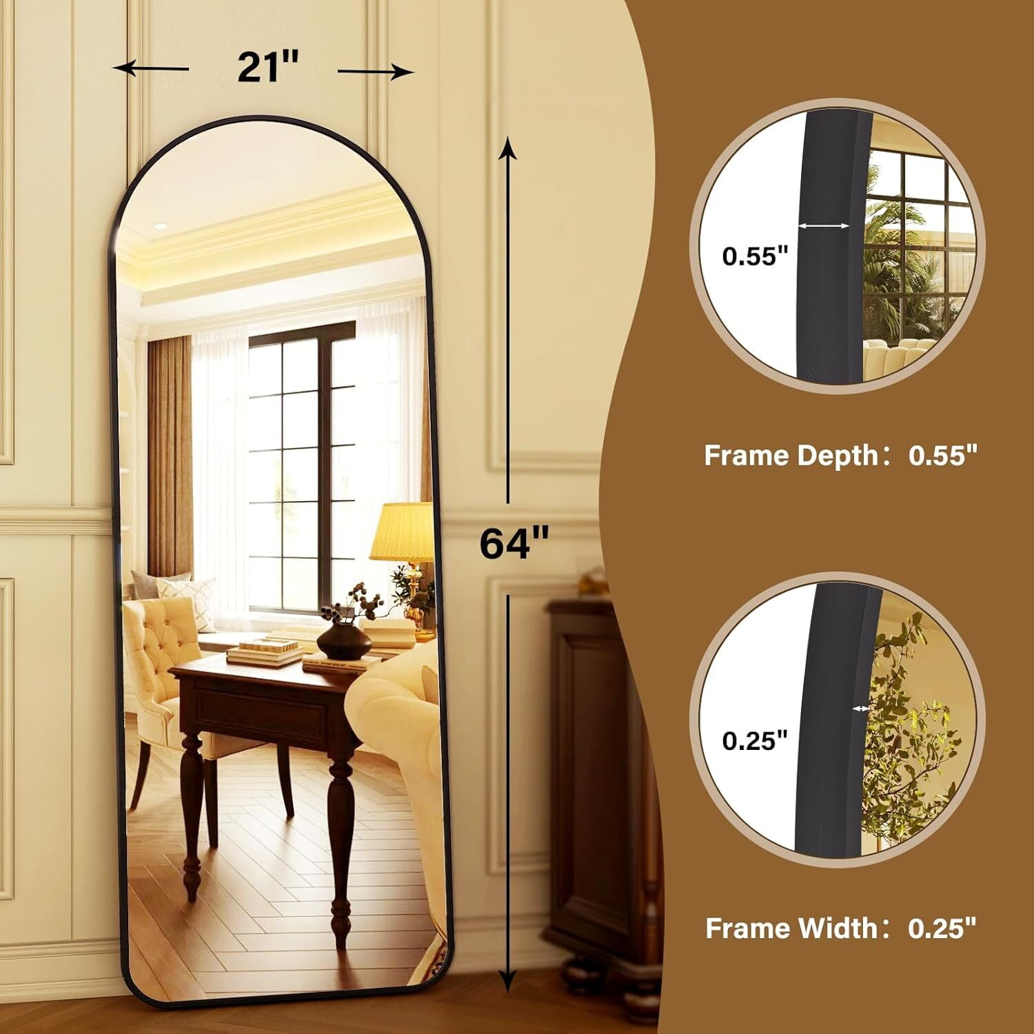 Anyrose 64.3"x21.1" Arched Full Length Mirror With Stand Wall-Mounted, Black