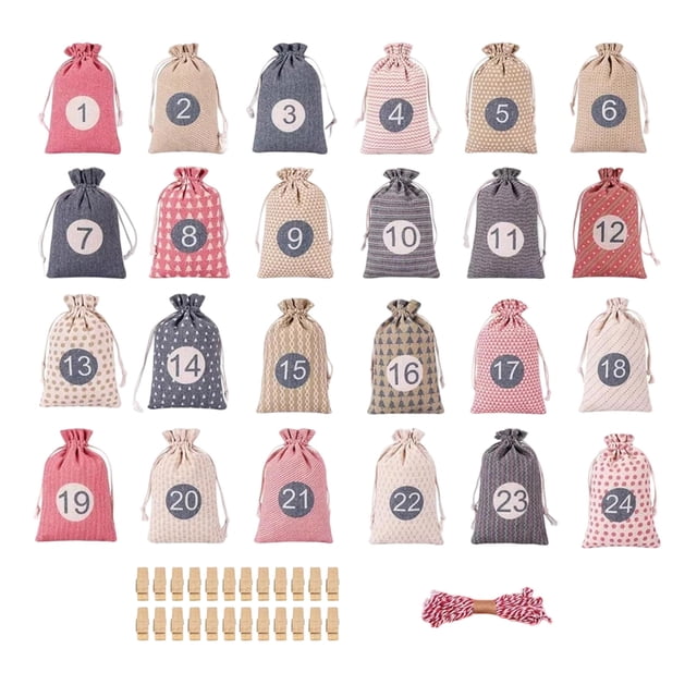 C Christmas Kids Candy Hanging Bag Advent Calendar Countdown Linen Gift Bag Holiday Decor Set Includes 24 Bags Clips Lanyards Rope 5.12 X 6.8 Inches 350G 1Pc 0.77 Lb