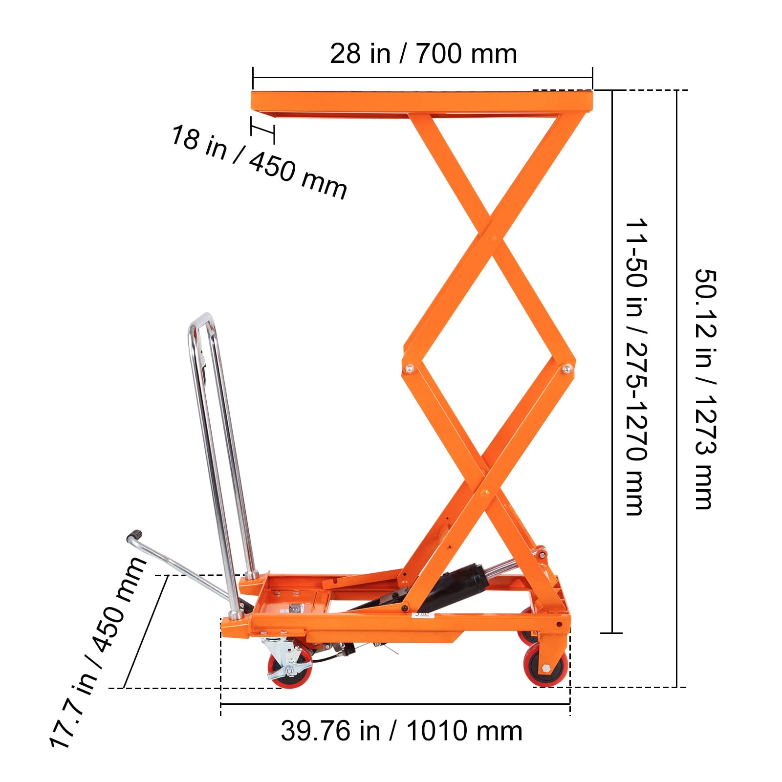 KFFKFF Hydraulic Lift Table Cart, 330lbs Capacity, 50" Adjustable Height, Manual Double Scissor Design with 4 Wheels and Non-slip Surface, Ideal for Material Handling and Transport