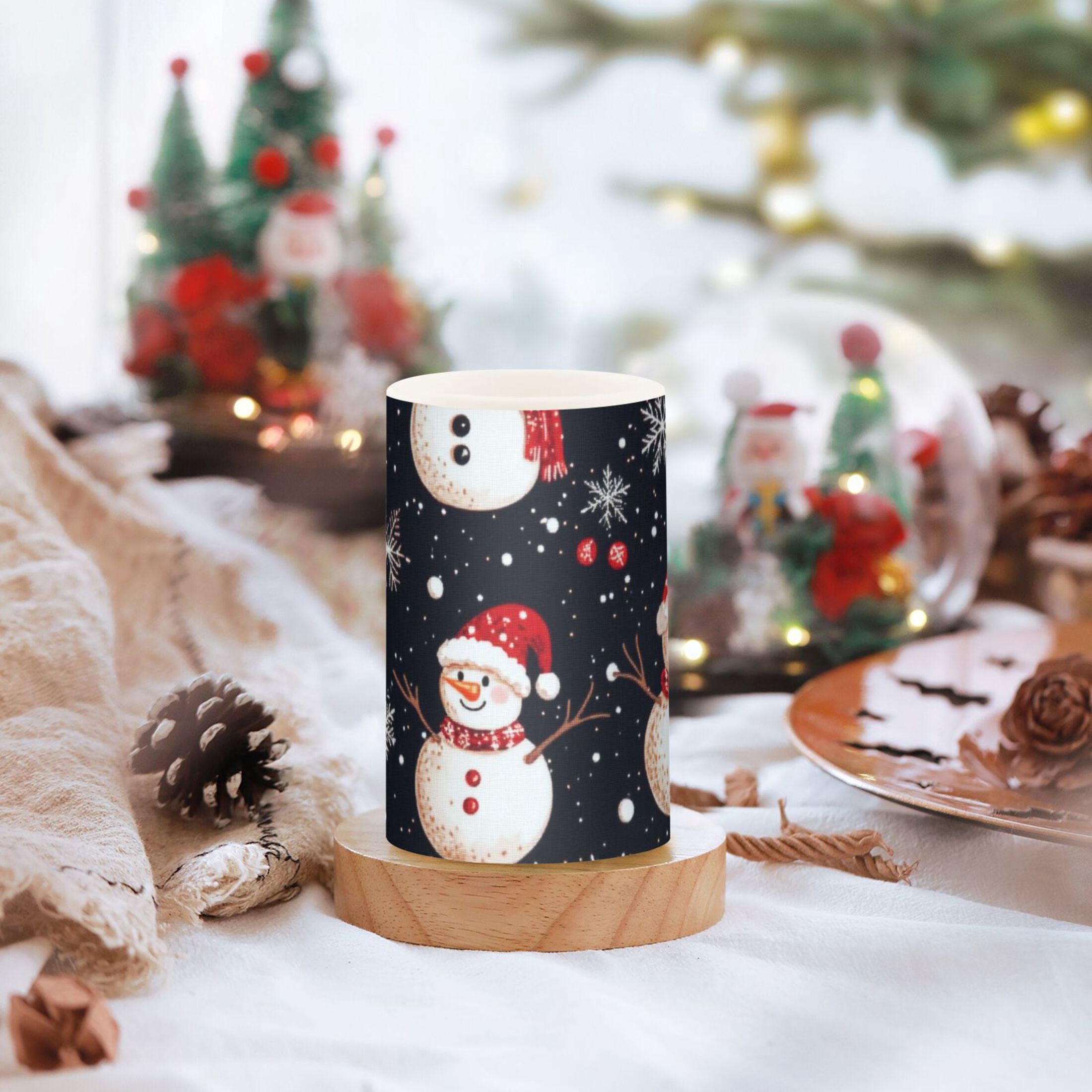 Cute Snowman Black Background Flickering Flameless Candles Battery Operated with Remote Timer LED Pillar Candles Set of 2