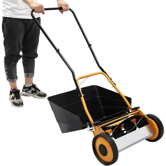 Manual Push Reel Lawn Mower, Orange/Black – Grass Trimmer, 16 Inch 2 Wheels, Steel & Aluminum 2-in-1 Grass Cutter, Adjustable Cutting Height 0.47-1.65"