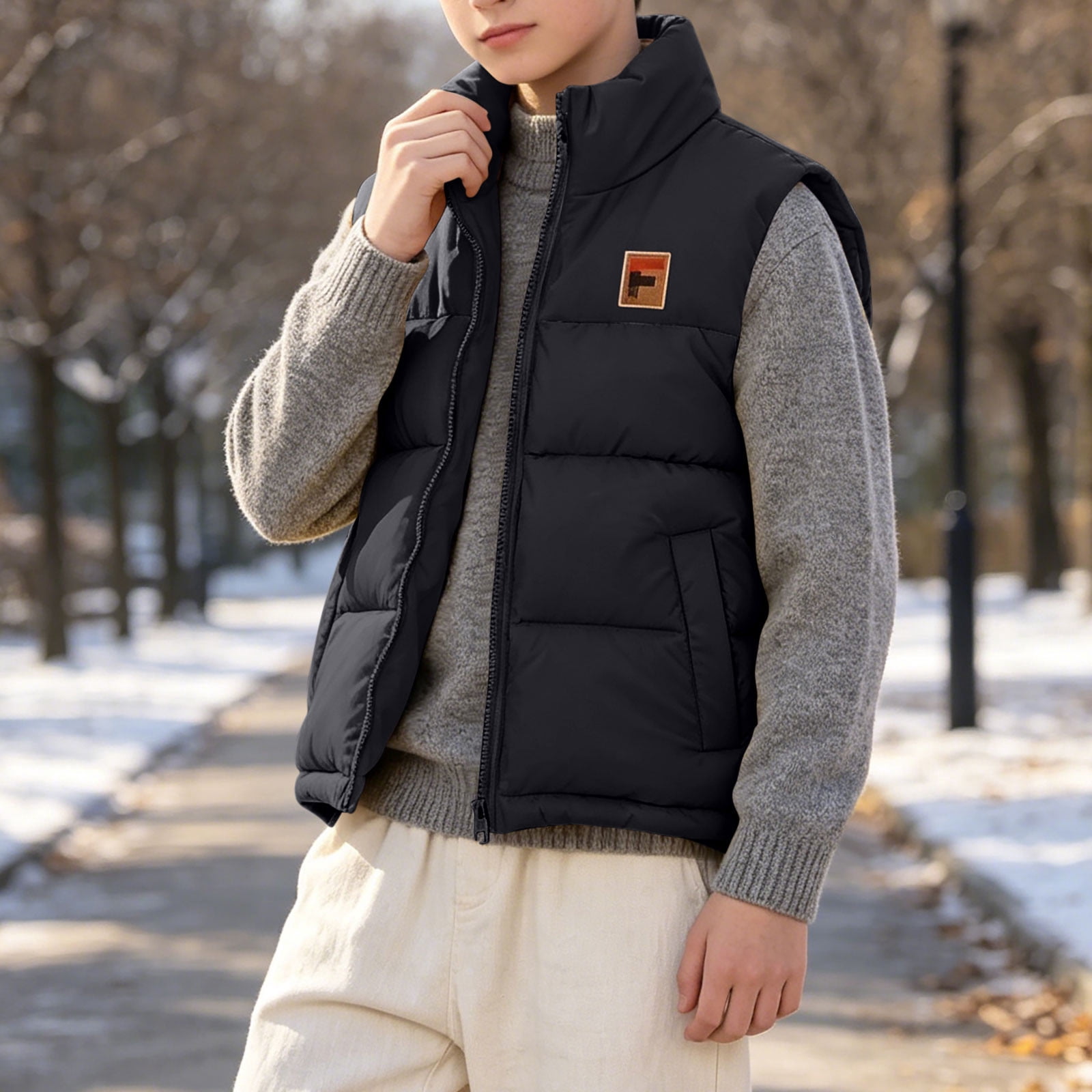 AVRNLIQ Boys Puffer Vest Lightweight Quilted Sleeveless Zip-Up Color Block Outerwear with Pockets Black,Size 12-13 T